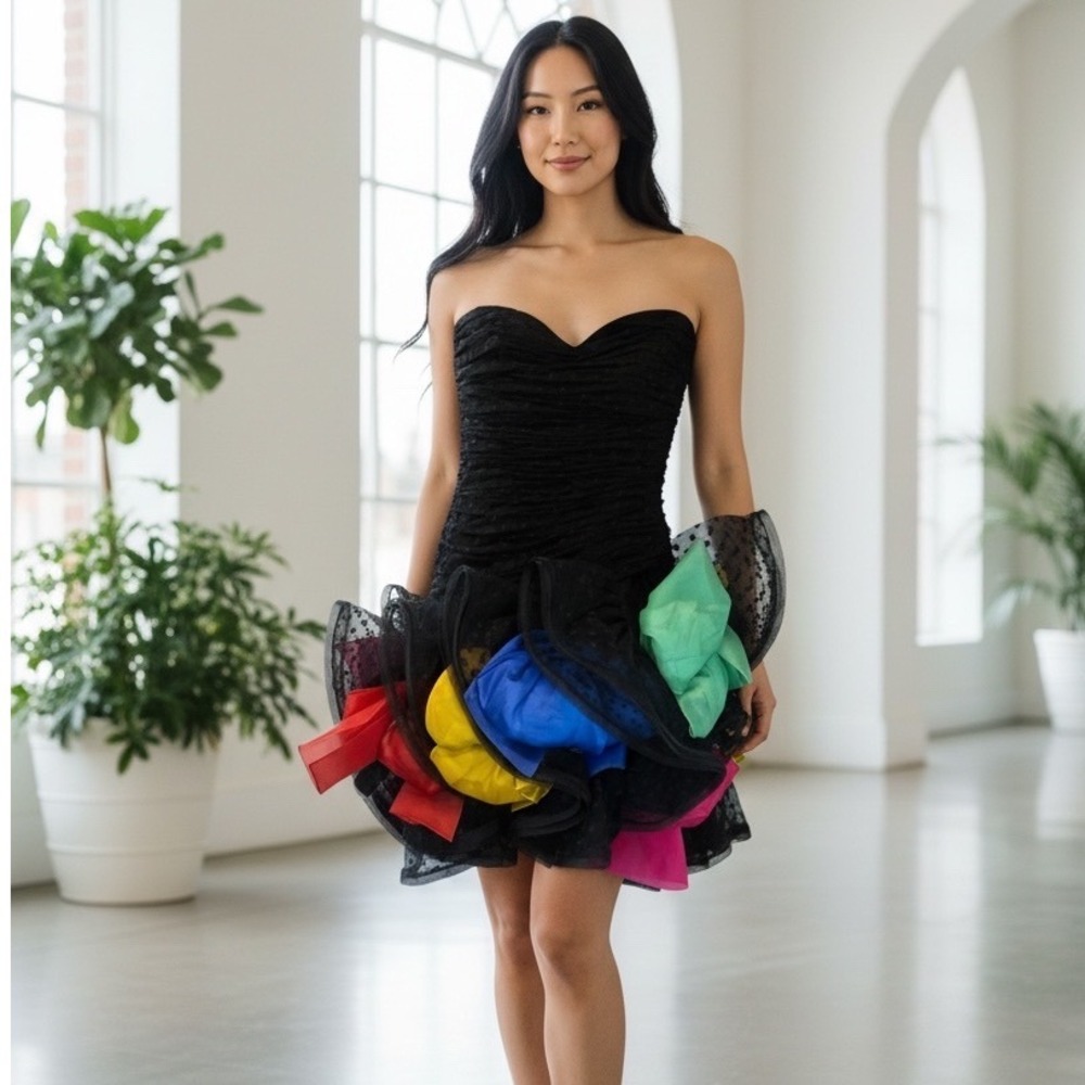 Vintage Black Tulle Layered Rainbow Bow Mini Dress Romantic Fairycore Unique‎ XS
